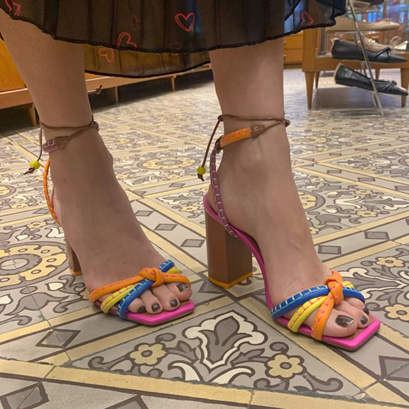 

Women Sexy High Heels Sandals Chunky Rome Shoes Designer Brand Pumps 2023 Spring Summer New Fashion Dress Square Toe Women Shoes