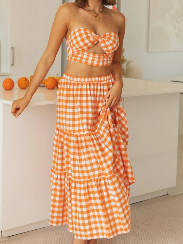 

OLOME Plaid Print Off Shoulder Dresses Sexy Cut Out Summer Dress Long Elegant Vintage Strapless Beach Dress Sleeveless 2022