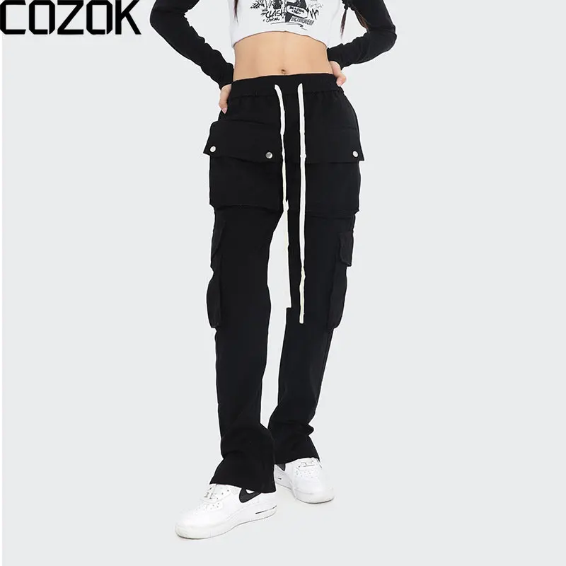 

High Street Vibe Style Drawstring Black Casual Trousers Men Multiple Pockets Straight Harajuku Hip Hop Unisex Cargo Pants