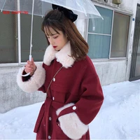 winter christmas woolen coat women 2020 new korean fashion warm lapel tide jacket loose thick mid length blends wool coats red