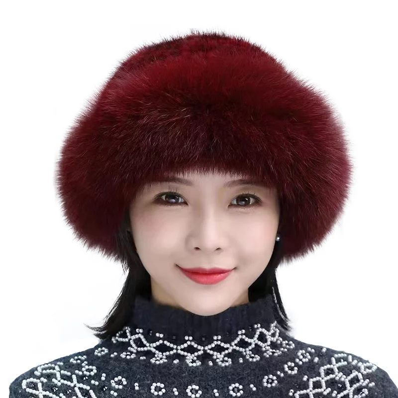 Hot Sale Fashion Winter Warm Women Knit Caps Mink Hats With FOX Fur Vertical Woven Top Fur Hat  For Women Free Shipping