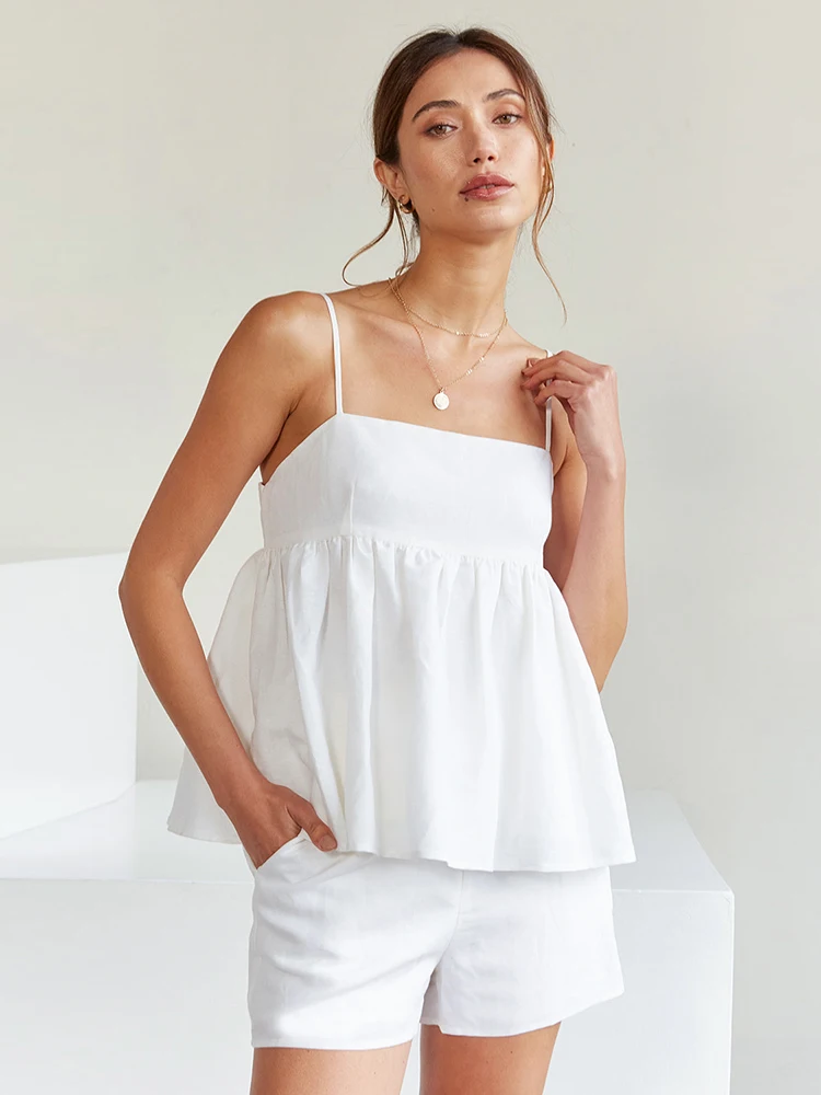 

Linad Chic Women's Nightwear 2 Piece Sets Spaghetti Strap Pajamas Loose Casual Suits With Shorts Cotton Female Homewear 2022