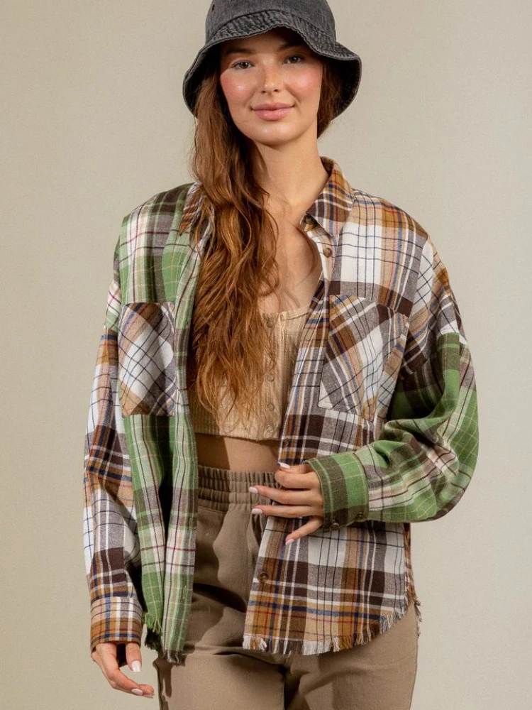 

New Summer Fashion Woman Blouse 2023 Plaid Lapel and Regular Sleeve Leisure Pocket Shirts and Blouses for Women