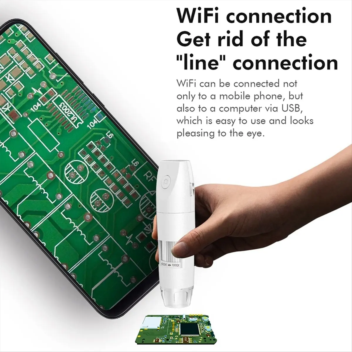 Фото Беспроводной цифровой микроскоп 50X-1000X с Wi-Fi и USB, портативная ручная камера-микроскоп для монет с 8 светодиодами, черный №4