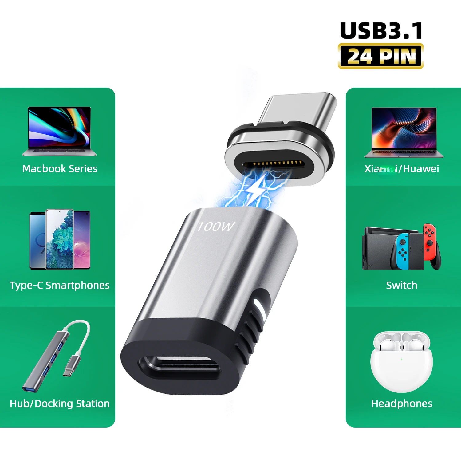 

MacBook Pro Air 100W Type C3.1 Charging USB C To Type C Converter 24Pins Magnet Adapter PD Quick Charge USB Type-C Connector