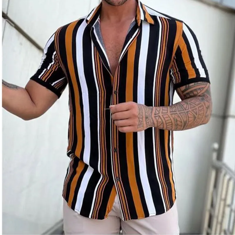 2023 Summer Fashion Mens Hawaiian Shirts Short Sleeve Button Stripe Print Loose Casual Beach Vacation Aloha Shirt EUR Size 5XL