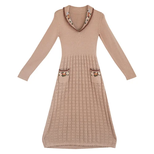 

Dress Fall Winter Women Vintage Elegant V-Neck Handmade Embroidery Knitting Pleated Dress Korean Casual Warm Long Wool Dress