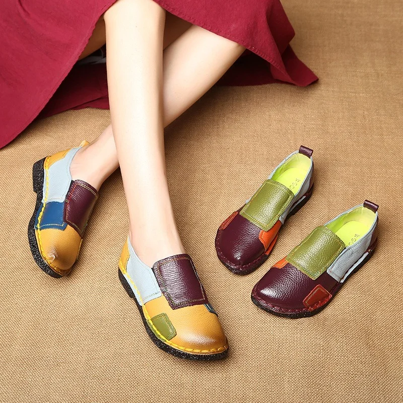 Women Loafers Patches Stitching Flat Shoes Woman Summer Flats Soft Candy Colors Genuine Leather Moccasins Loafers 2022 New