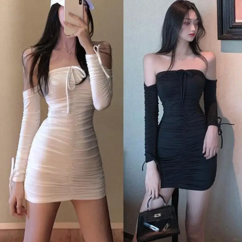 

Ready stock Women Sexy Off-Shoulder Dress Slim Lane-up Dresses