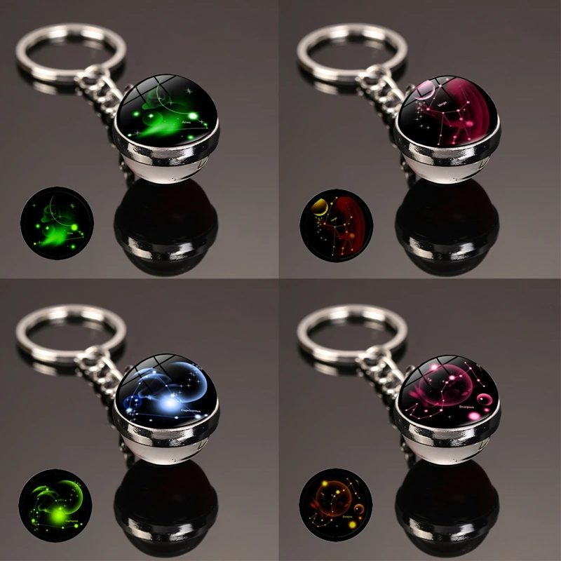 

12 Constellation Glow In The Dark Keychain Zodiac Signs Picture Double Side Cabochon Glass Ball Keychain Jewelry Birthday Gifts
