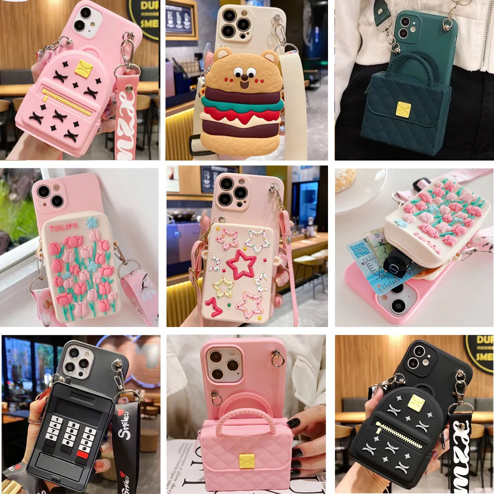 

3D Wallet Card Pocket Soft Silicone Case Phone Cover, Long Shoulder Lanyard, Samsung Galaxy A01, A11, A21S, A31, A41, A51, A71,