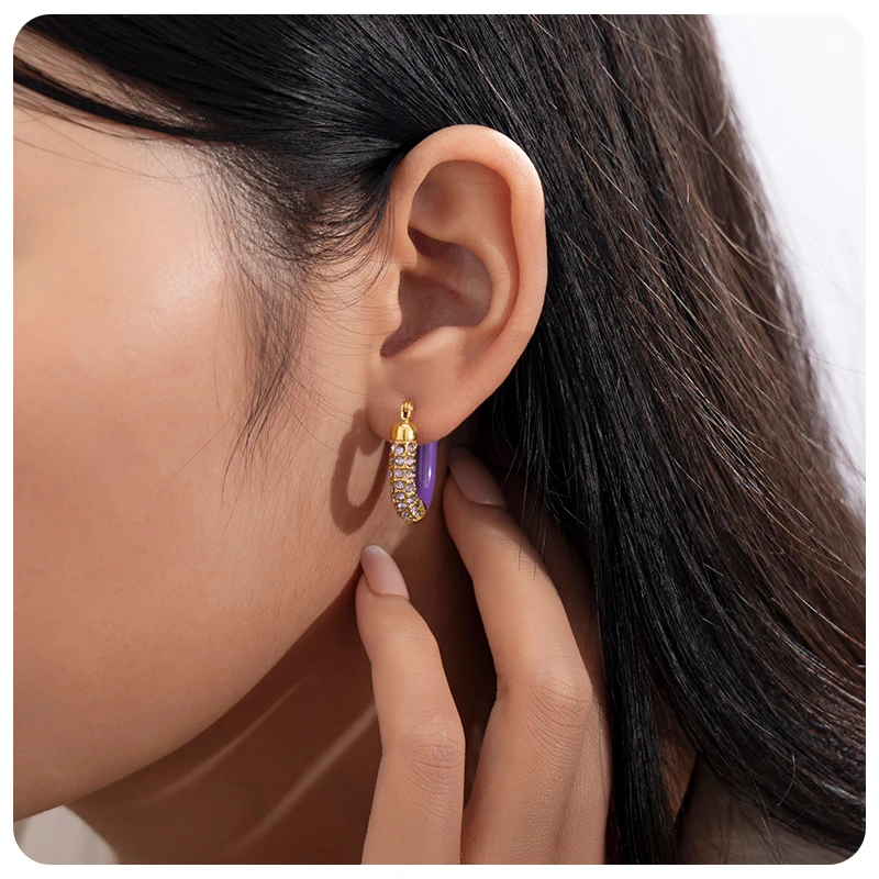 Фиолетовые эмали U-образные серьги-кольца со стразами и кристаллами для девочек