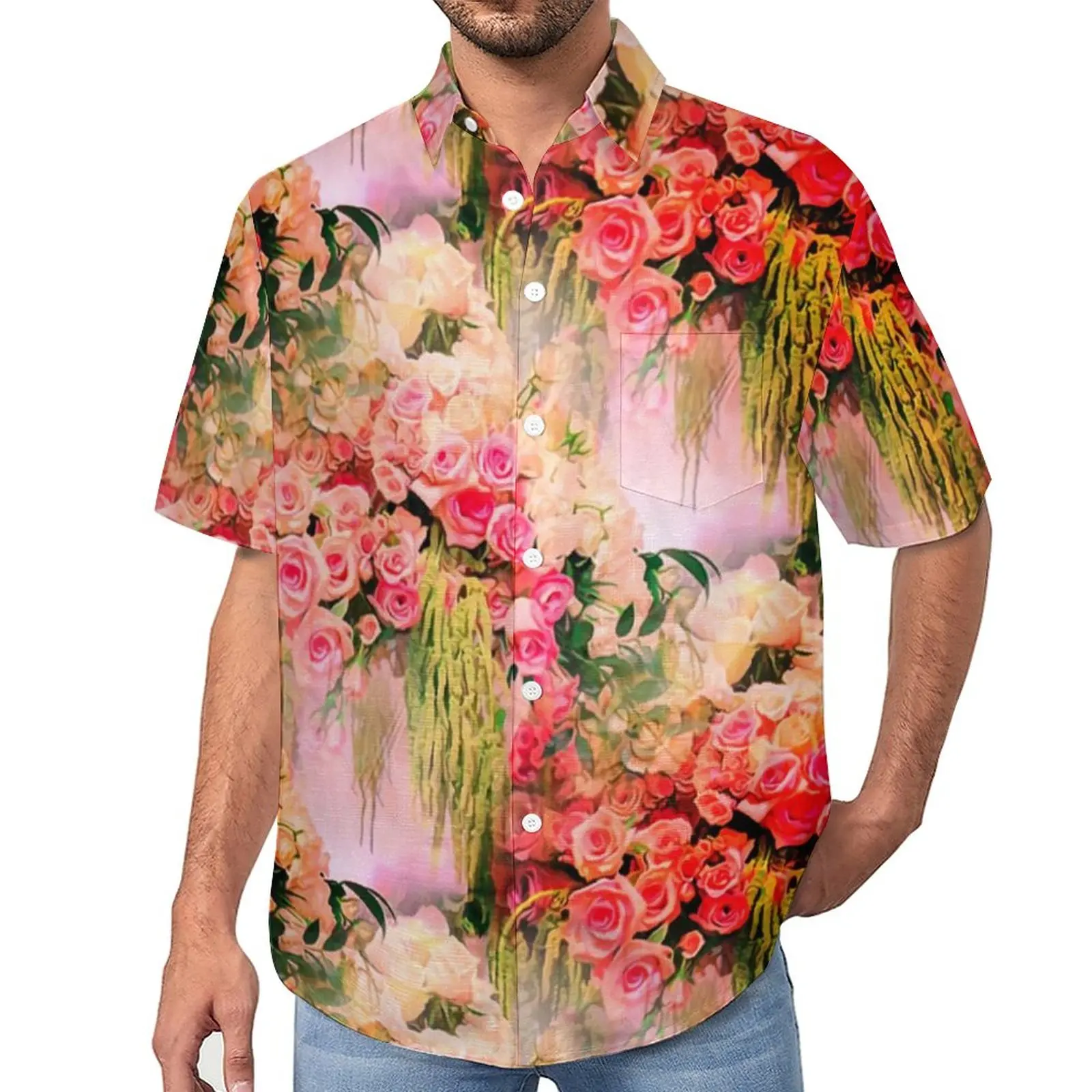

Pink Vintage Roses Blouses Men Retro Flower Print Casual Shirts Hawaii Short-Sleeved Graphic Street Style Oversize Beach Shirt