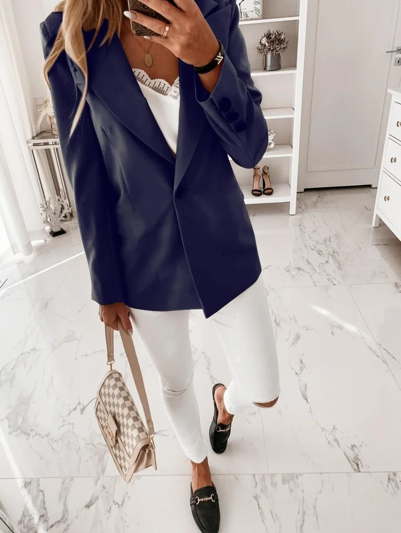 Solid Colors Long Sleeve Single Button Notched Blazer Female Office Lady Elegant Blazer 2021 New Work Clothing Commute Blazers