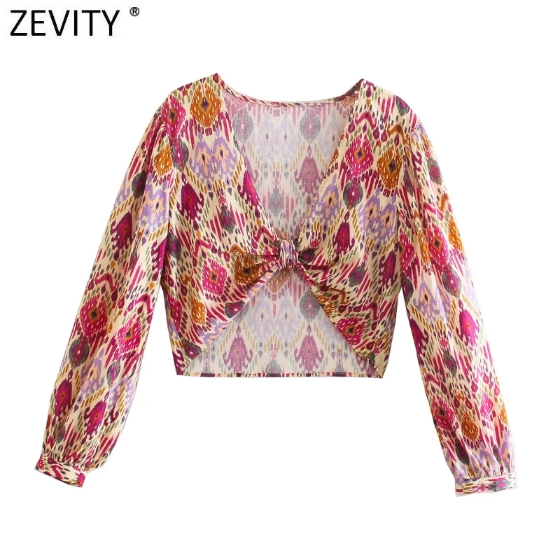 Zevity-Blusa corta con cuello de pico para mujer, camisa Sexy con estampado Floral y cremallera lateral, Top corto, LS9699, 2021