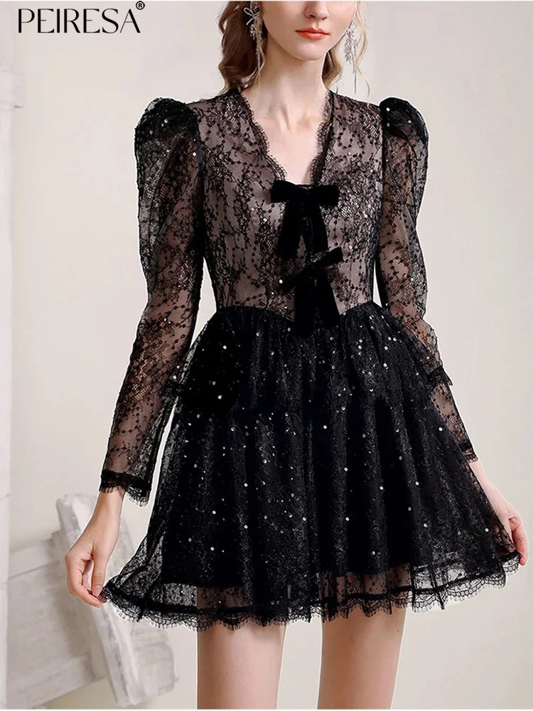 

Женское кружевное платье с блестками PEIRESA, черное ажурное платье с бантом и V-образным вырезом, привлекательное облегающее платье с рукавами-фонариками и зауженной талией, осень 2023