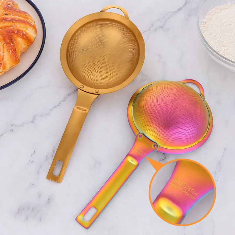 

1Pc Flour Sieve Stainless Steel Mesh Strainer with Handle Metal Strainer Gold Flour Colander Kitchen Accessories Dropshipping