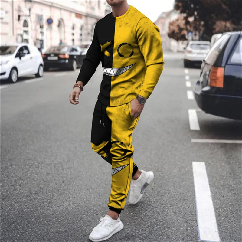 Tracksuit Set Men Long Sleeve T-shirt 2-Piece Street 3D Funny Expression Print Casual Oversized Short Pant Set