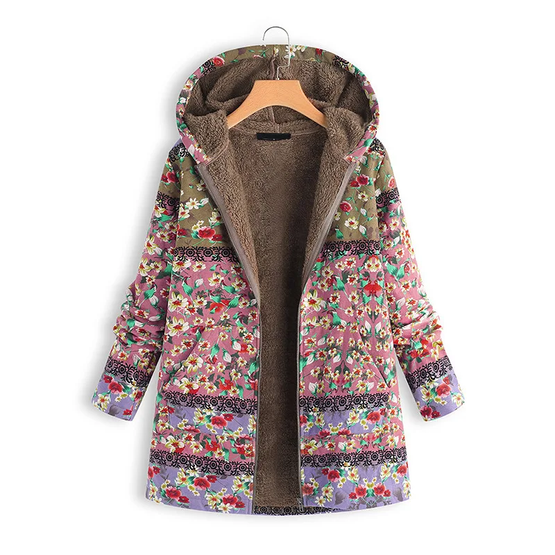 2022 Women Winter Floral Printed Coat Vintage Harajuku Plus Size Loose Casual Jackets Plus Velvet Thick Warm Hooded Fashion Coat
