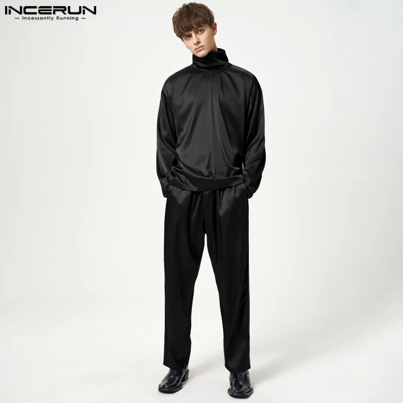 

Повседневные Модные Стильные комплекты, новые мужские однотонные простые костюмы, атласные с высоким воротом, свободные топы, длинные брюки, красивые мужские комплекты из двух предметов