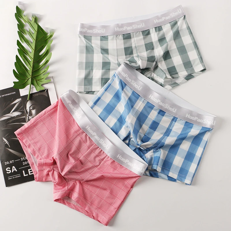 Hot Men's Plaid Pajamas Boxer Underwear Cotton Comfortable Loose Short Home Underpants Male Swimming Trunks Sleep Bottoms 3PCS