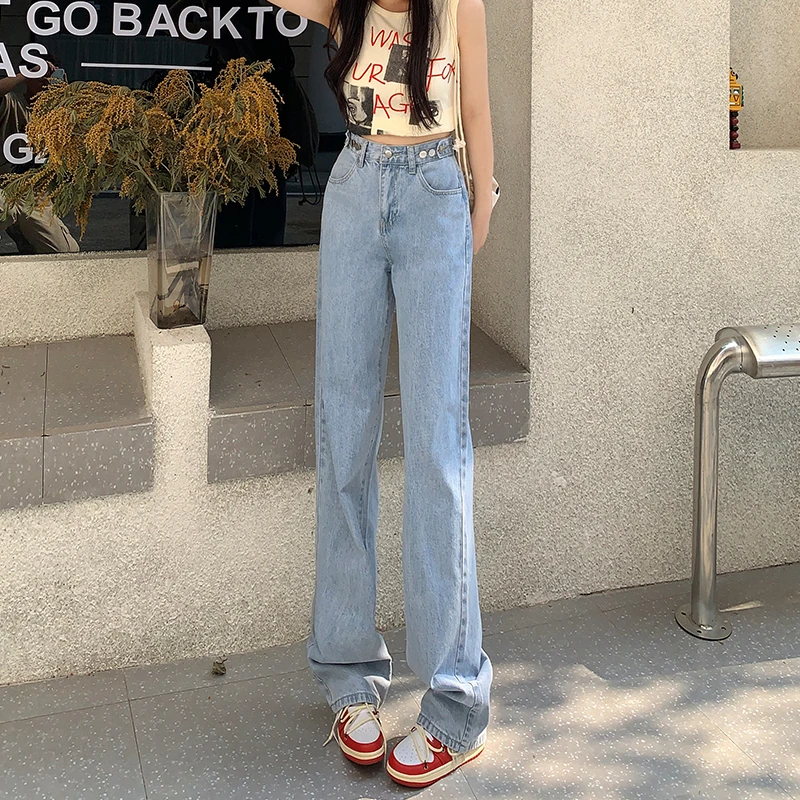 Light colored high waisted jeans for women's summer commuting loose fitting wide leg thin and versatile floor mop pants