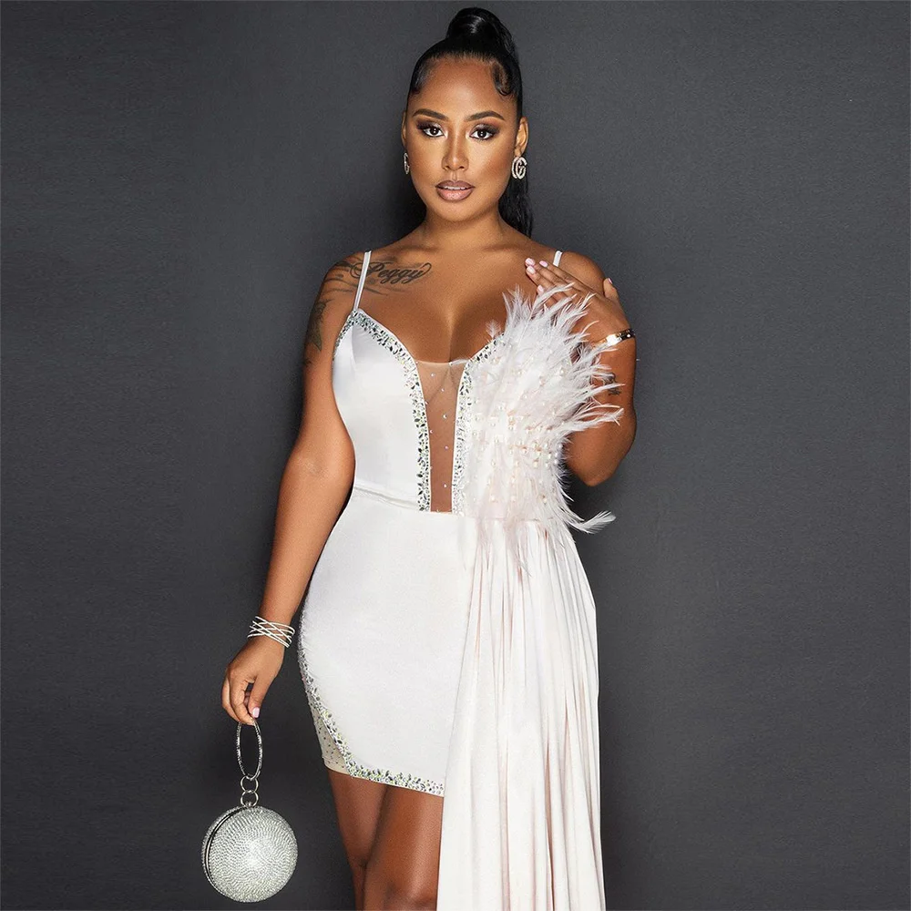 

Sexy Sling Hip Wrap Dress Women Feather Patchwork Backless Dress Hot Drillin Mesh Neck Bandage Bodycon Mini Dresses