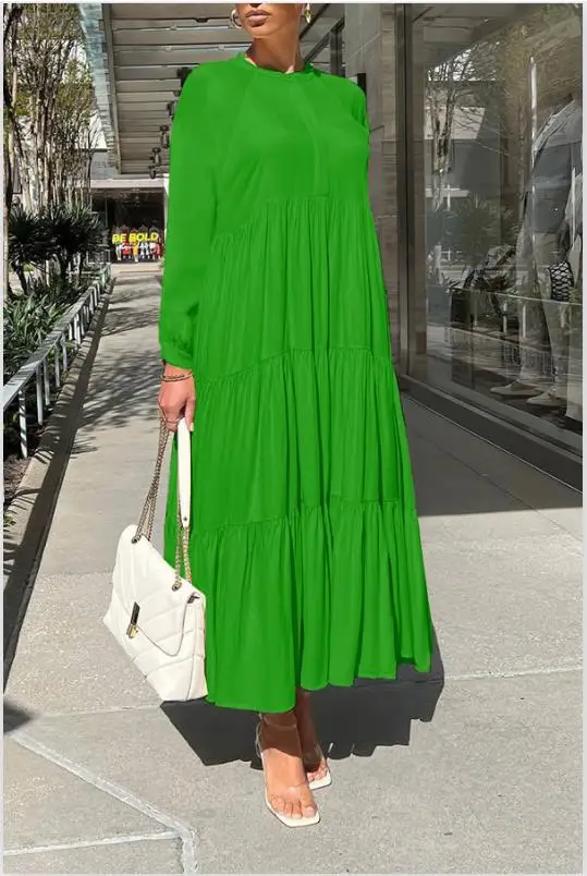 

Autumn Elegant Long Maxi Dress for Women Robe Femme African O Neck Long Sleeve A-line Vintage Pleated Dinner Party Dress