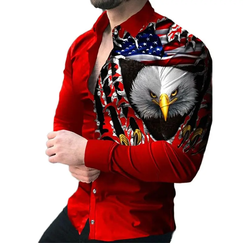 

Luxury Men's Social Shirts U.S. Eagle Graphic T Shirts Tops Autumn Fashion Turn-down Collar Buttoned Casual Long Sleeve Shirt