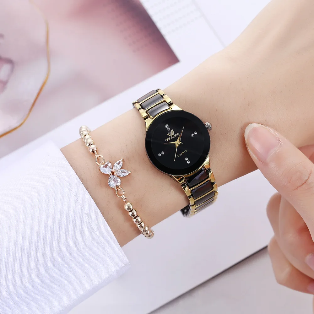 Luxury Brand Stainless Steel Women 2 PCS Quartz Watches and Bracelet Set Golden Women Wrist Watch las mujeres relojes de cuarzo