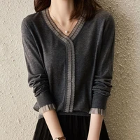 v neck fungus edge organza knitted bottoming shirt top women winter sweater clothes set v neck vintage solid