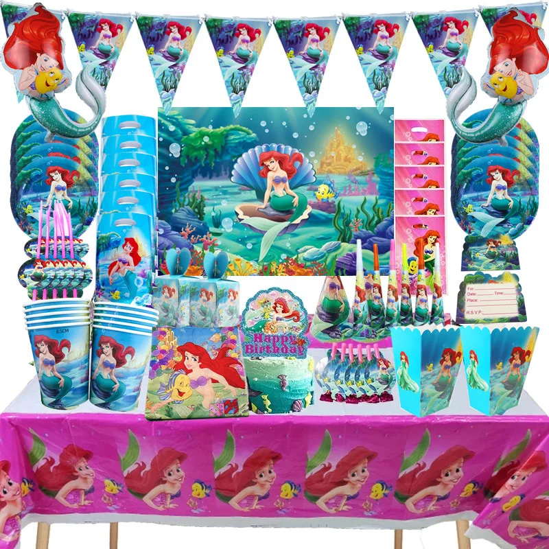 

Disney Русалка Ариэль тематическая вечеринка на день рождения декоративные мешки бумажные тарелки чашка рожок воздушный шар одноразовая посуда детский душ поставка
