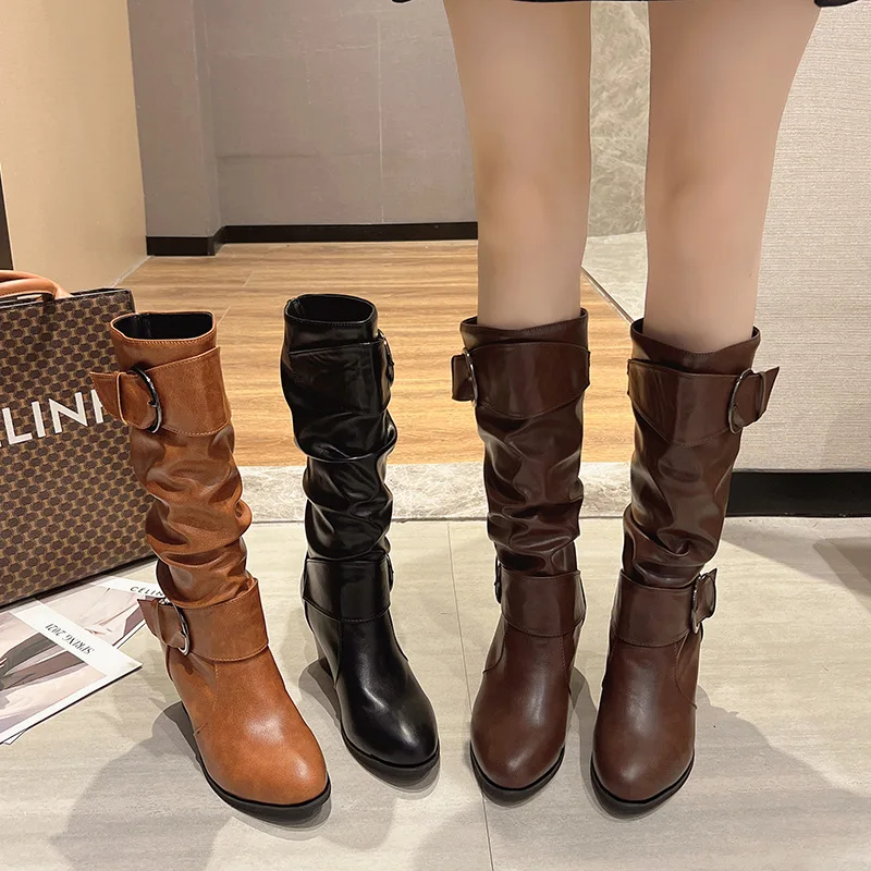 Autumn Winter Women High Heels Chelsea Boots 2022 New Fashion Mid Calf Motocyle Boots Chunky Pumps Ladies Shoes Causal Bootas