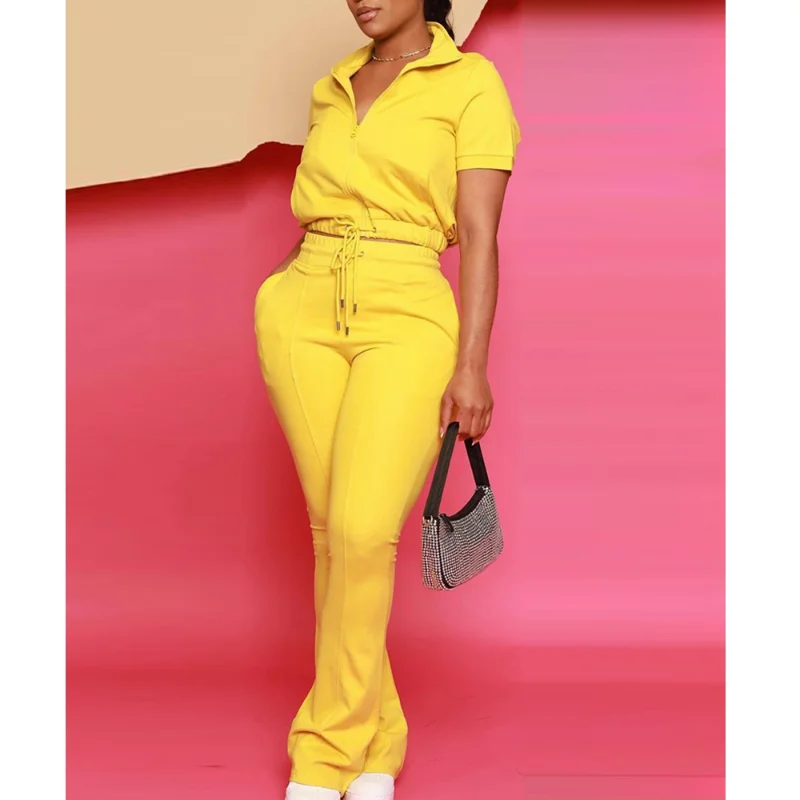 

Повседневные спортивные костюмы, кардиган с коротким рукавом, комплект из двух предметов, желтые брюки, наряды, брюки-бриджи