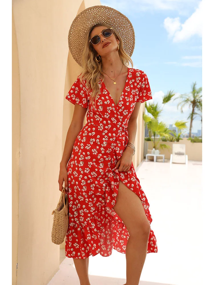

Summer Boho Style Floral Print Maxi Beach Dress Women Sexy Side Split Party Dress Short Sleeve Ruffle Casual Long Sundress