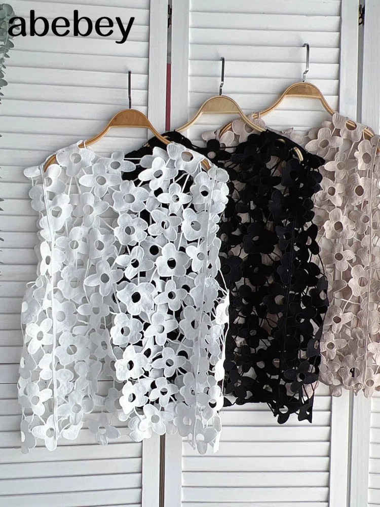 

White 2022 Womens Vest Korean Fashion Lace Hollow-out Sleeveless O-neck Pullover Tops Causal Sumemr New Female Waistvest