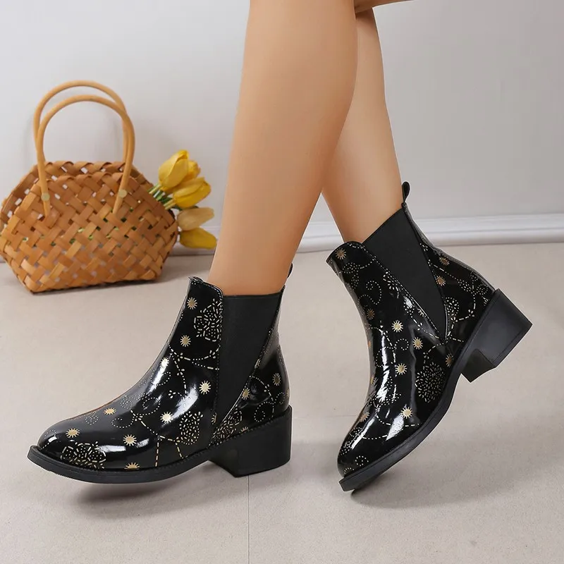 

Modern Ankle Boots Women 2023 Fall Winter Leather High Heels Printed Sleeve Booties Fashionable Chelsea Boots Size 35~40
