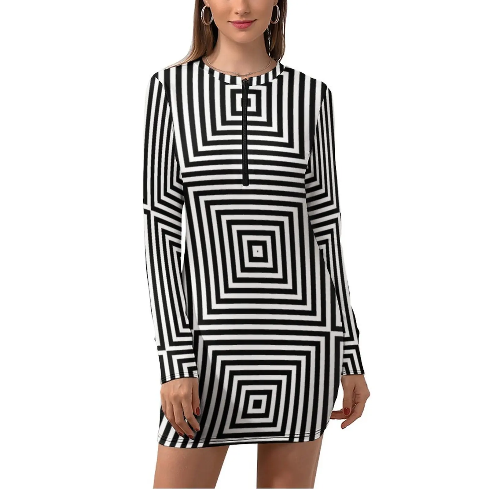 

Black And White Line Dress Women Optical Illusion Street Wear Bodycon Dress Long Sleeve Vintage Dresses Print Plus Size Vestido