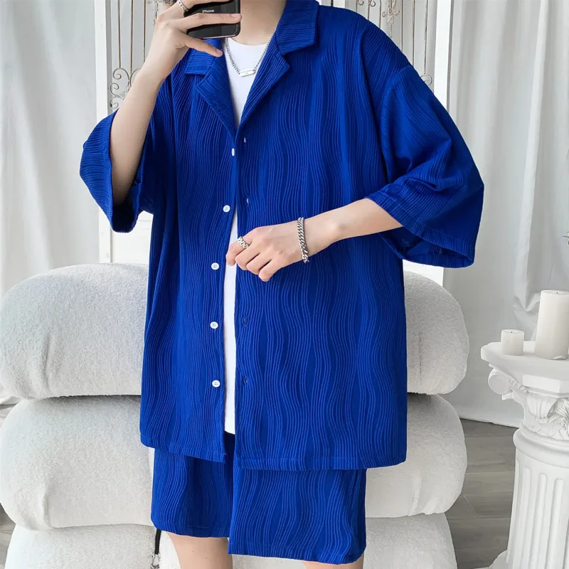 Summer Pleated Sets Men Fashion Casual Short-sleeved Shirt Shorts Two-piece Men Korean Loose Ice Silk Sets Mens Short Sets M-5XL