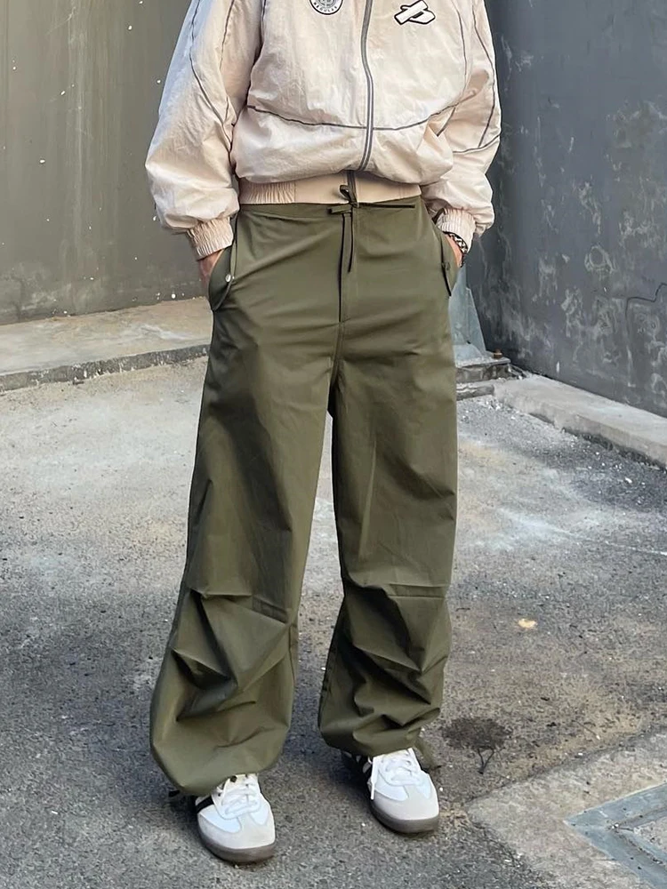 

Military Green Elastic Waist Baggy Overalls Casual Pants, Y2k Trend Parachute Drawcord Adjustable Loose Wide Leg Cargo Pants