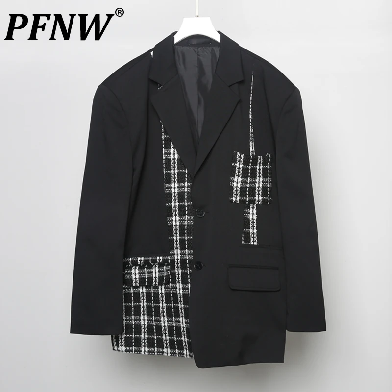 

PFNW Autumn New Men's Niche Suit Coat Personalized Fashion Asymmetric Splicing Checkered Casual Baggy Handsome Blazers 28A3547