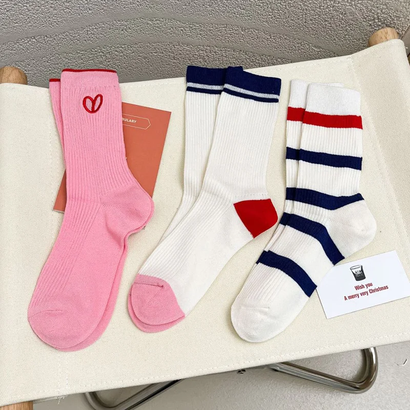 

3 Pair Spring Summer New Socks Women Pink Stripe Embroidery Bamboo Cotton Double Needle College Female Socks Wholesale