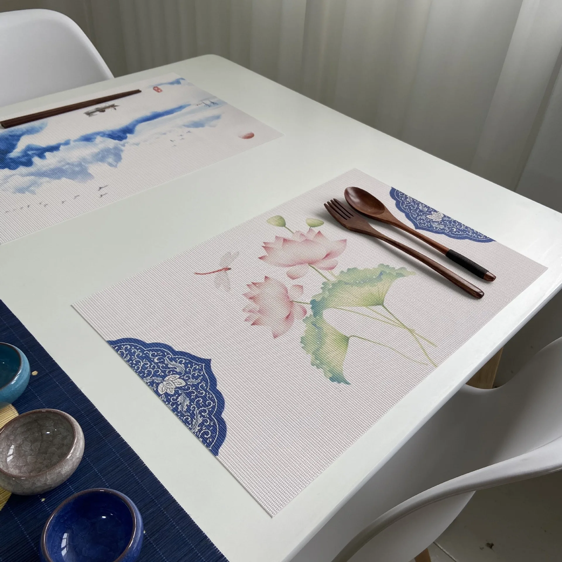 

New Chinese Placemat Pvc Bowl Mat Chinese Style Ink Painting Table Mat Home Non-slip Woven Insulation Mat Anti-hot Mat