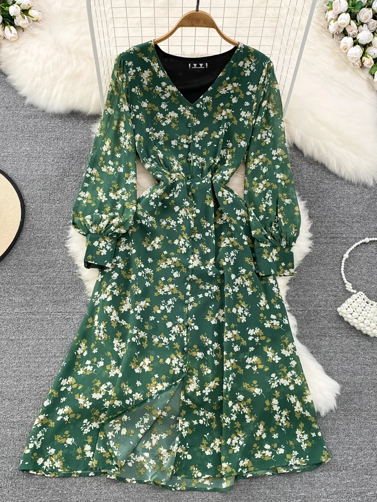 

Женское шифоновое платье с цветочным принтом, V-образным вырезом и длинным рукавом-фонариком