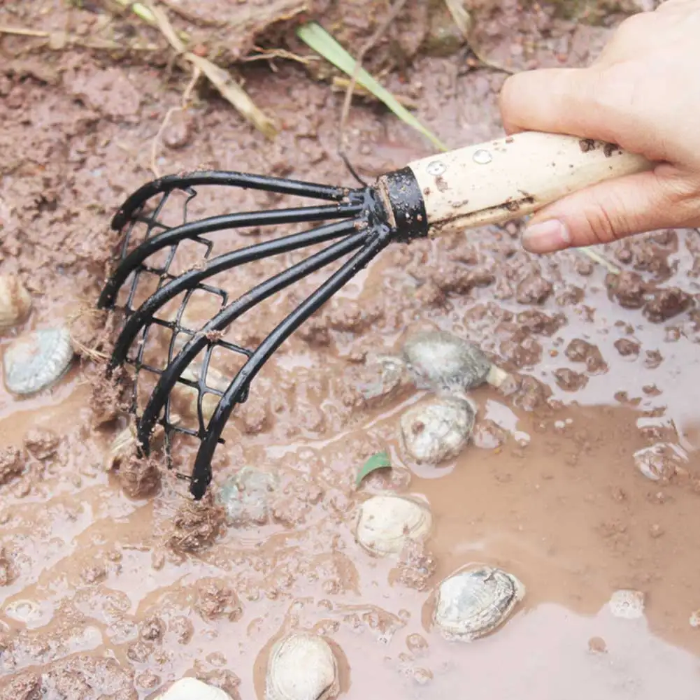 

Tool Home Accessories Shell Conch Clam Rake Dig Seafood Wood Handle Garden Beach 5 Claw Useful Pitchfork With Net