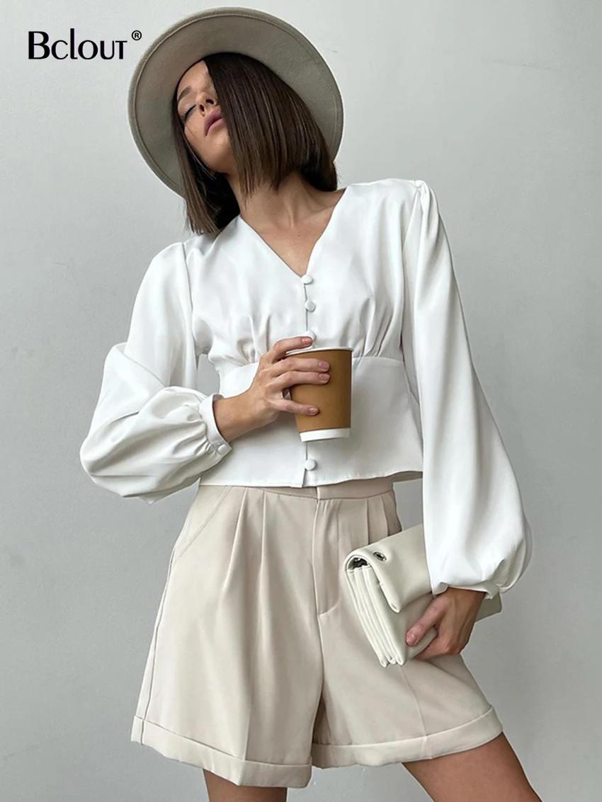 

Bclout Elegant V-Neck White Tops Women Autumn Office Lady Puff Sleeve Solid Blouses Fashion Ruched Thin Party Shirts Female 2023