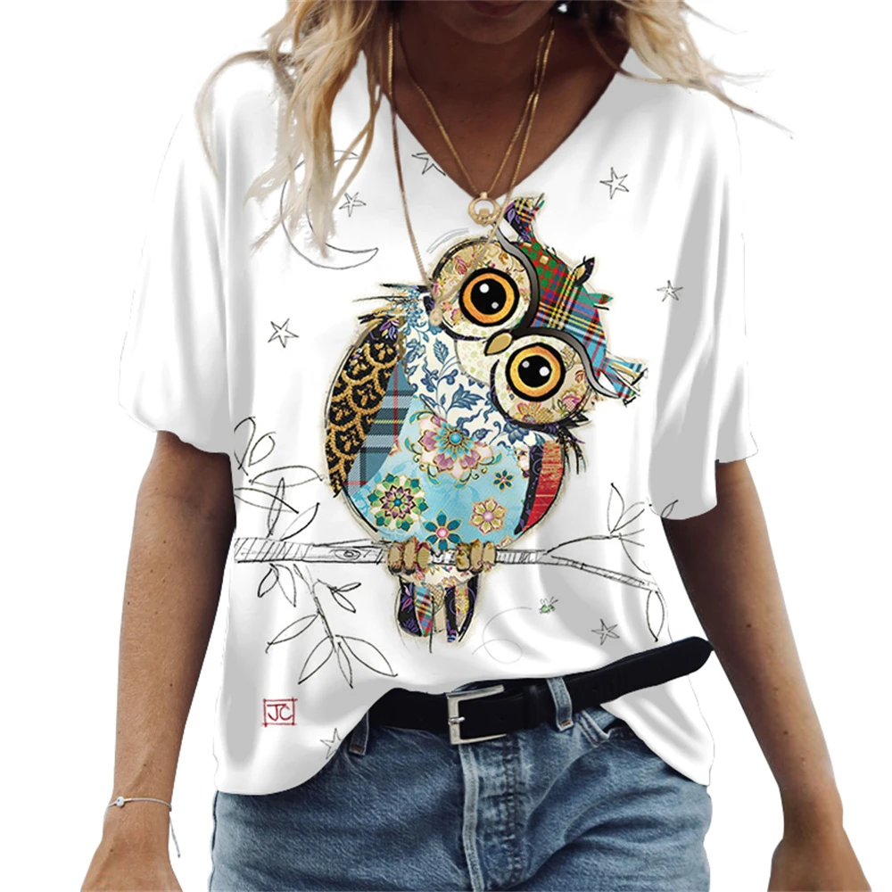 

2022 Summer Women T Shirts Cute Cartoon Anime Crooked Owl Digital Printing Short Sleeve Fashion Slim Casual Clothes Shirt Tops