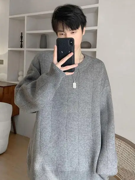 Светло-серый текстурированный свитер мужской зимний американский винтажный