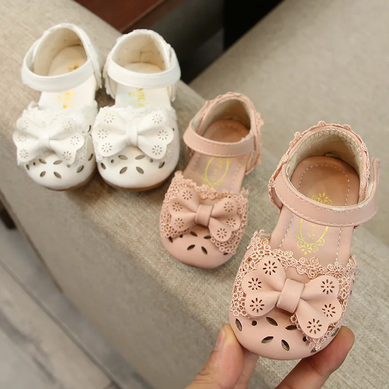

Sweet Children Sandals Hoolow Out Bow Lace Decor Summer Leather Shoes Breathable Soft Sole Toddler Baby Girls Pink Flat Shoes