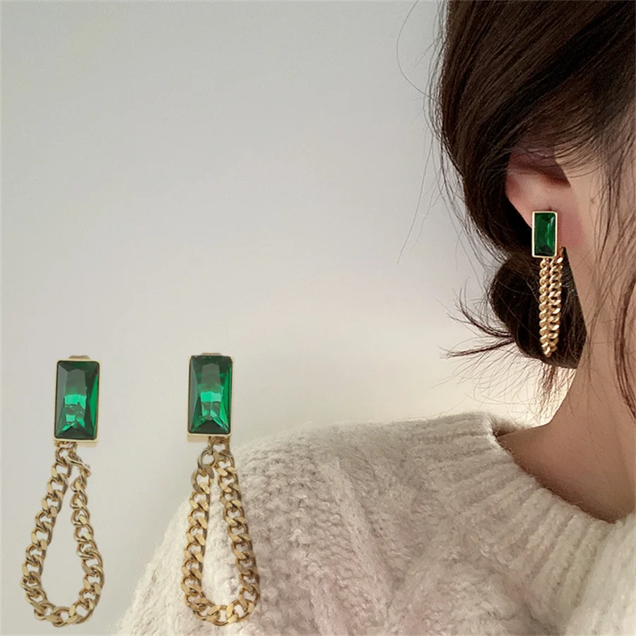

High Quality New Classic Geometric Zircon Green Crystal Stainless Steel Chain Tassel Earrings Woman Unusual Accessories For